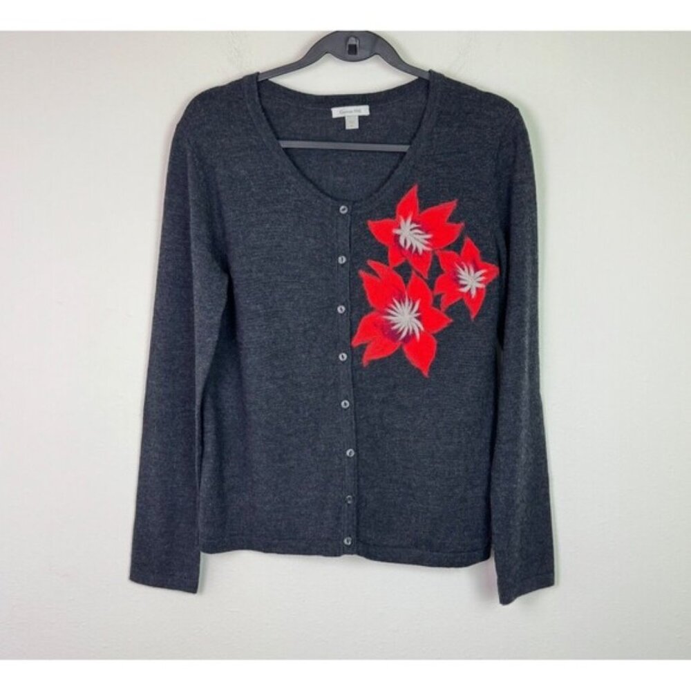 Garnet Hill Gray Merino Wool Cardigan Sweater Button Up Red Floral Medium
